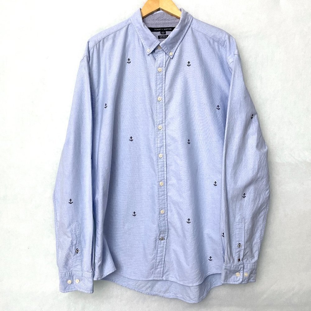 Tommy Hilfiger Men's Blue Anchor Print Nautical Shirt Button Front Long Sleeves